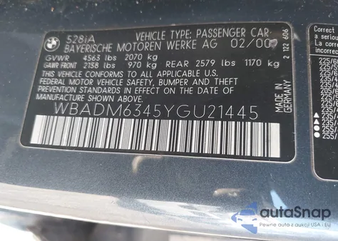 2000 BMW 528Ia z USA, uszkodzony, nr VIN WBADM6345YGU21445